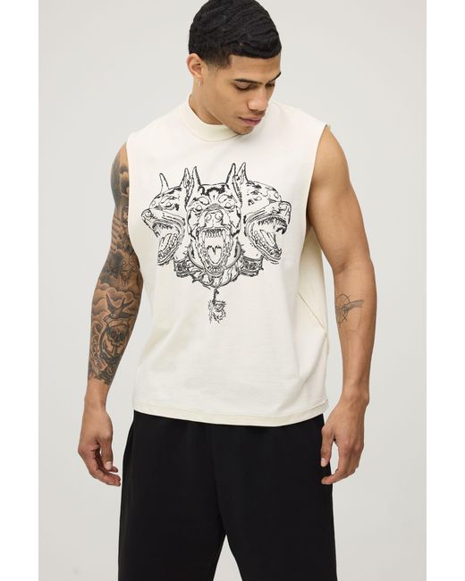 BoohooMAN White Oversized Exposed Seam Boxy Dog Print Tank Cotton for men