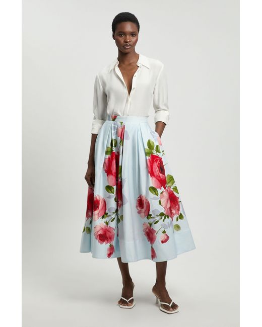 Karen Millen White Viscose Linen Floral Print Woven Prom Skirt