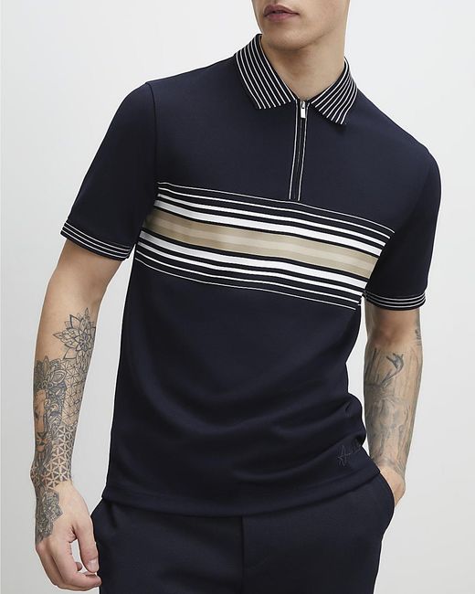 River Island Blue Polo Shirt Slim Fit Stripe Short Sleeve for men