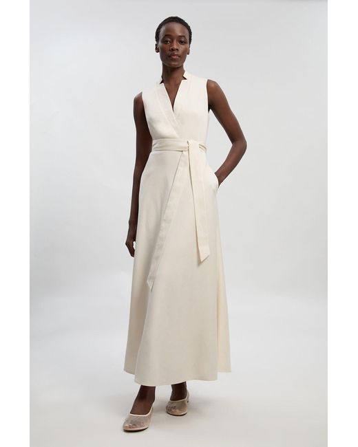 Karen Millen Natural Petite Tailored Linen Wrap Tie Waisted Maxi Dress