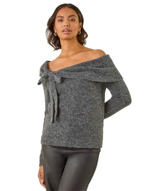 Roman Black Bardot Sequin Knit Jumper