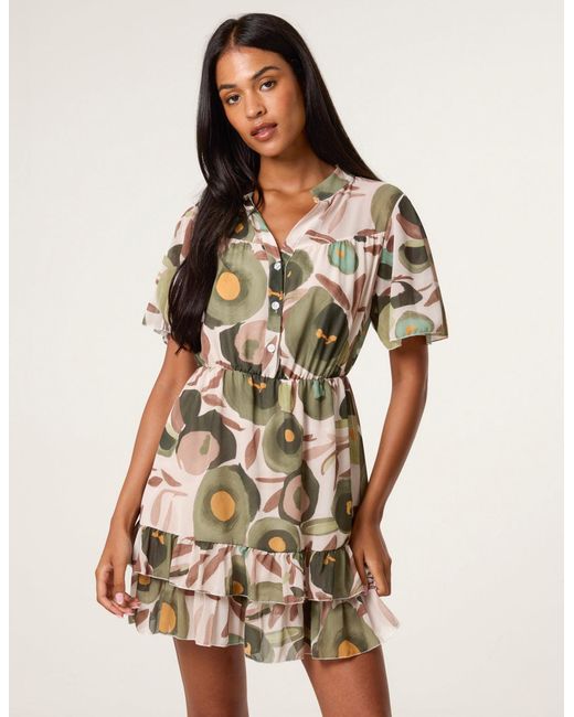 Blue Vanilla Brown Printed Button Up Tiered Short Sleeve Dress