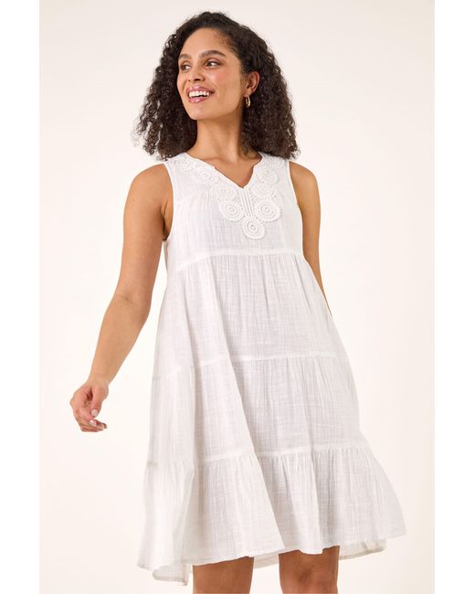Roman White Cotton Trim Detail Smock Dress