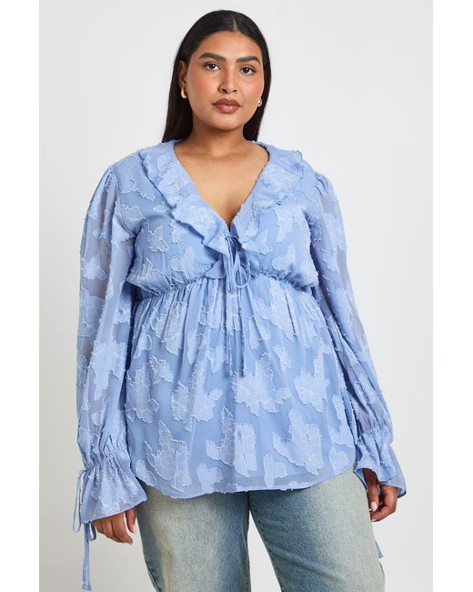 Boohoo Blue Plus Burnout Chiffon Ruffle Smock Top