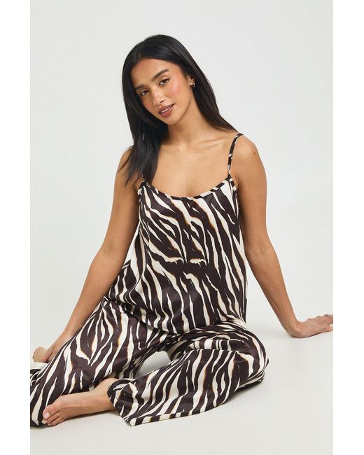 Boohoo White Petite Zebra Print Satin Cami & Wide Leg Trouser Pyjama Set