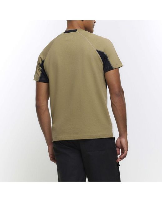 River Island Green T-shirt Khaki Regular Fit Colour Block Panel Cotton for men