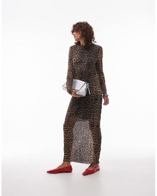 TOPSHOP Brown Sheer Crinkle High Neck Long Sleeve Dress