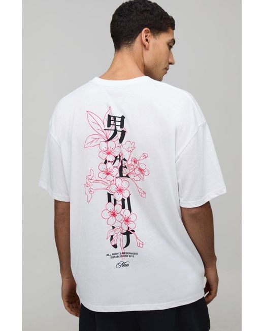 BoohooMAN White Oversized Floral Spine Print T-Shirt Cotton for men