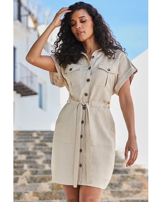 Sosandar Natural Linen Blend Utility Shirt Dress