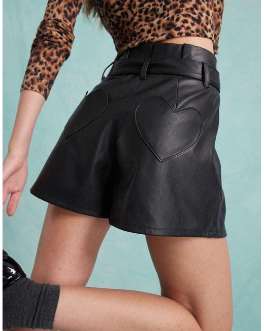 Miss Selfridge Green Faux Leather Heart Pocket Shorts