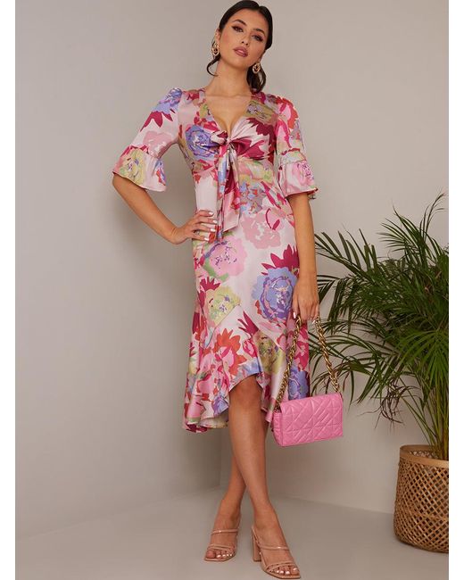 Chi Chi London Pink Short Sleeve Tie Front Floral Midi Dress