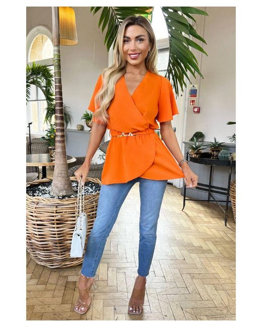 AX Paris Orange Short Sleeve Wrap Belted Top Denim