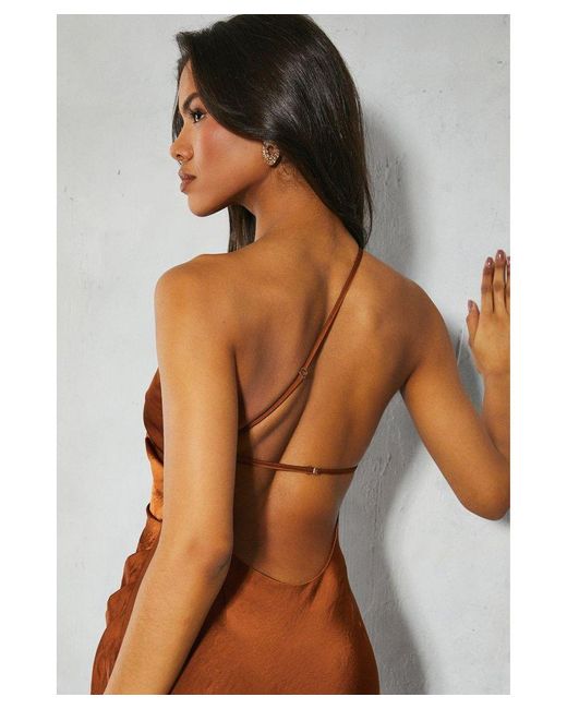 MissPap Brown Satin Asymmetric Strap Pleated Waist Low Back Maxi Dress
