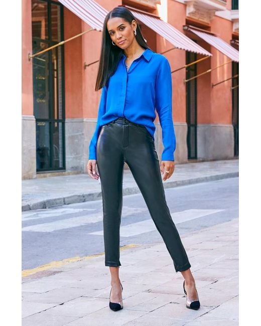 Sosandar Blue Leather Look Skinny Fit Trousers Faux Leather