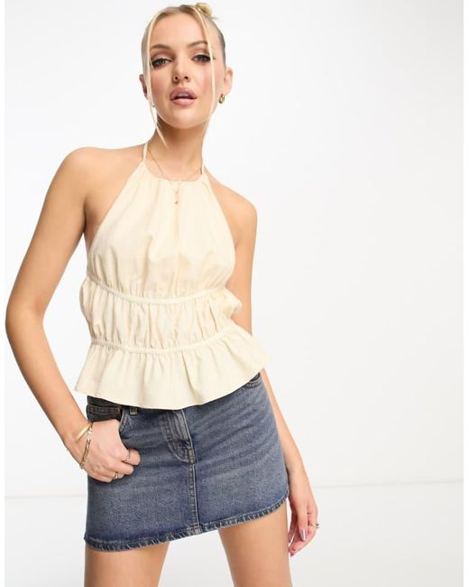 Daisy Street Blue Linen Halter Neck Ruffle Detail Backless Top