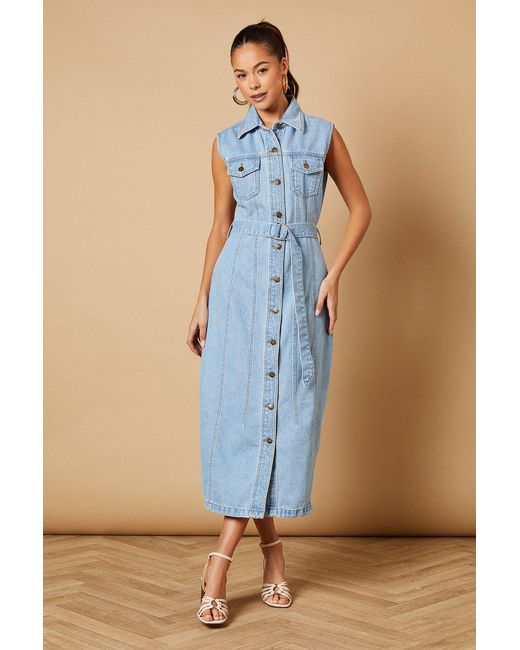 Oasis Blue Belted Waist Pocket Detail Midi Dress