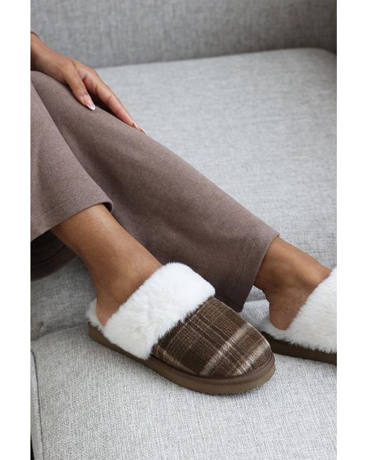 Where's That From Gray Wheres 'Jemima' Tartan Mule Slippers With Faux Fur Trim