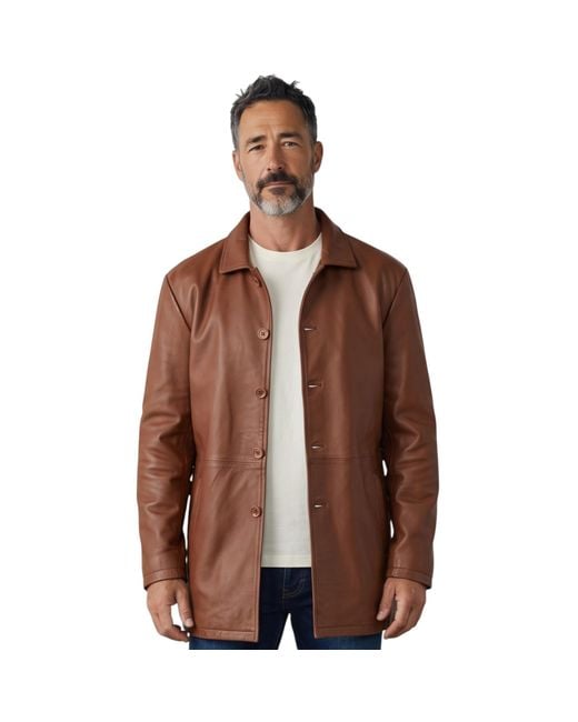 Infinity Leather Brown Long Collared Car Coat Jacket for men