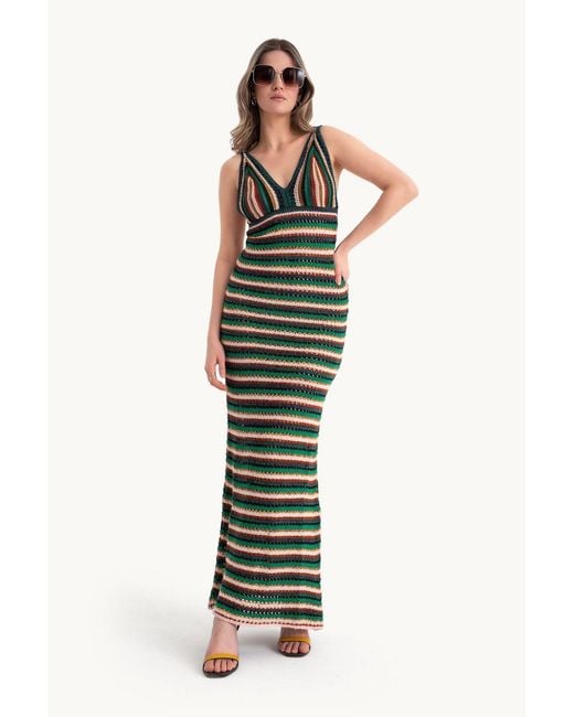 Hiccup Green Knitted Striped V Neck Maxi Dress