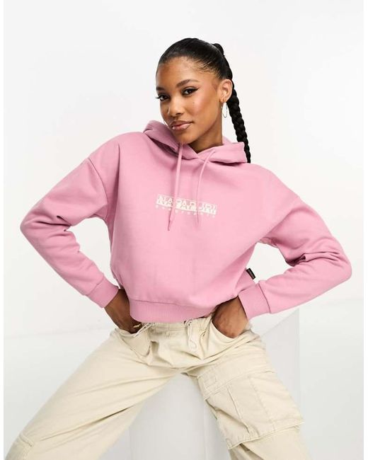 Napapijri Pink Box Logo Cropped Fleece Hoodie