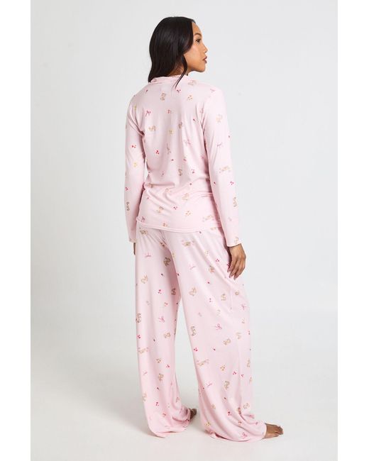 Boohoo Pink Maternity Bunny And Bow Print Long Sleeve Shirt & Trouser Pyjama Set