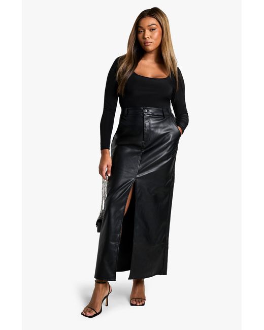 Boohoo Black Plus Pu Split Front Maxi Skirt