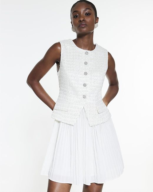 River Island White Mini Dress Boucle Hybrid Pleated