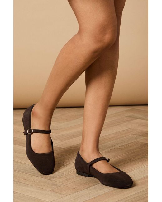 Oasis Brown Belle Suede Mary Jane Square Toe Ballet Pumps
