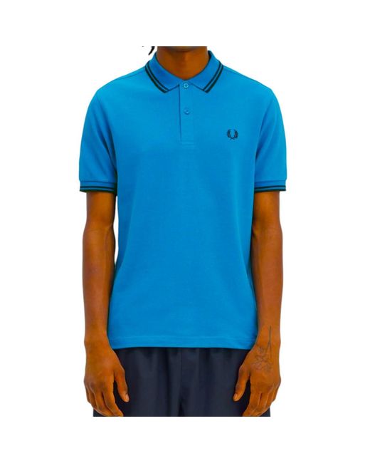 Fred Perry Blue M3600 Twin Tipped Polo Shirt Ocean Cotton for men