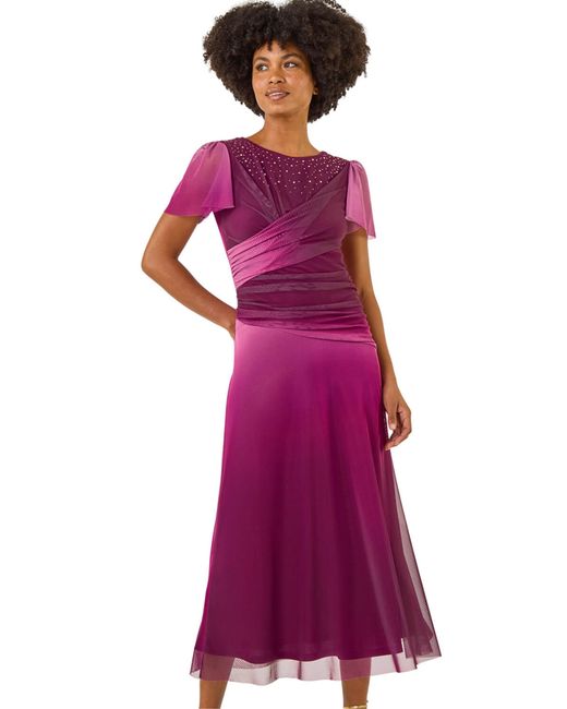 Roman Purple Hotfix Ombre Mesh Midi Dress
