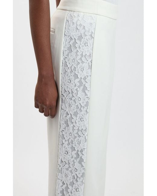 Karen Millen White Compact Stretch Lace Mix Tailored Wide Leg Trouser