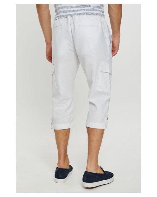 Threadbare White 'Timberlake' 3/4 Length Linen Blend Pull On Cargo Trousers Cotton for men