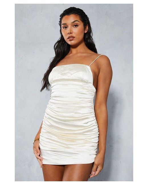 MissPap White Premium Satin Ruched Detail Mini Slip Dress