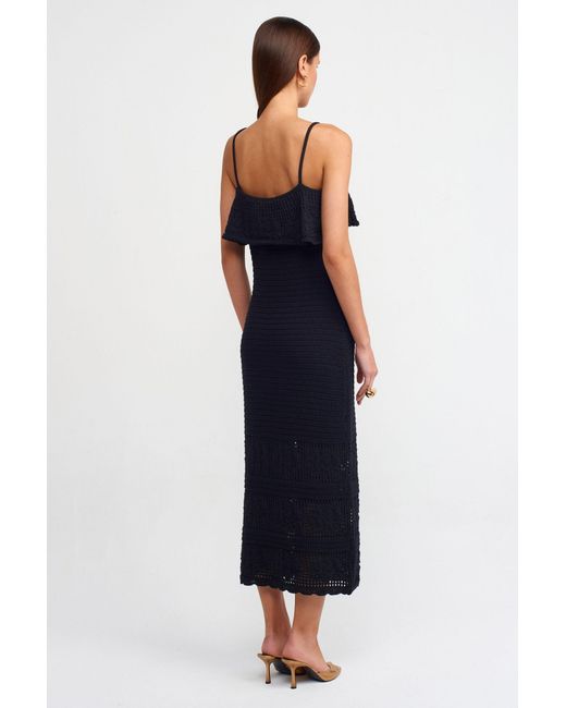 Hiccup Blue Floral Embroidered Spaghetti Strap Crochet Ruffled Long Sleeve Maxi Dress
