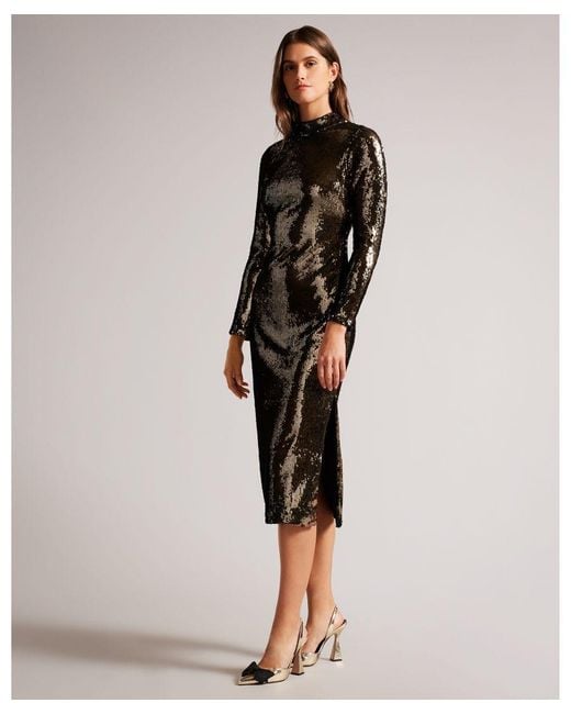 Ted Baker Brown Brookly Sequin Tube Dress With Long Fitted Sleeve, Dark