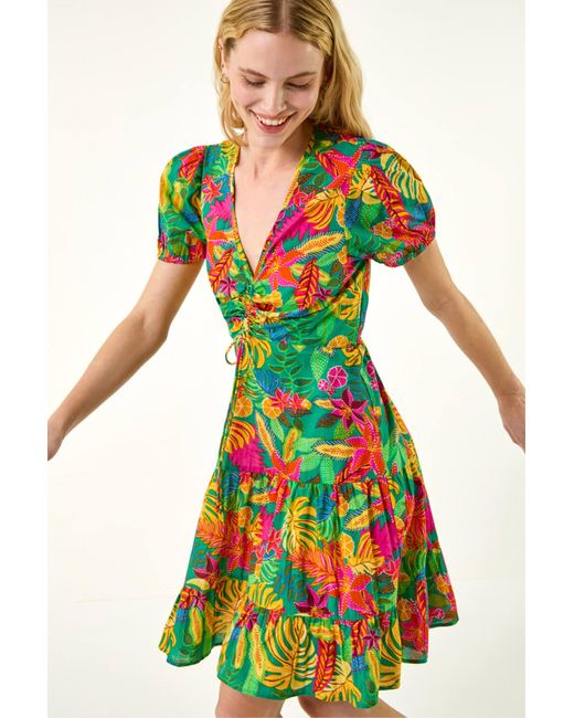 Roman Green Tropical Print V-Neck Ruched Dress