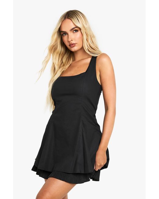 Boohoo Black Square Neck Pleated Hem Mini Dress