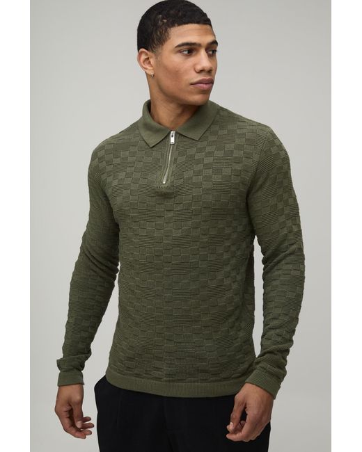 BoohooMAN Green Regular Fit Basket Weave Long Sleeve 1/4 Zip Knitted Polo for men