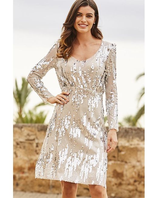 Sosandar Natural Scattered Sequin V Neck Dress