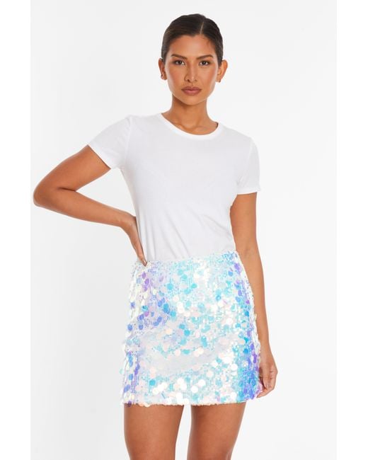 Quiz White Iridescent Disc Sequin Mini Skirt
