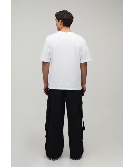 BoohooMAN Black Wide Leg Strap Detail Cargo Washed Trouser for men