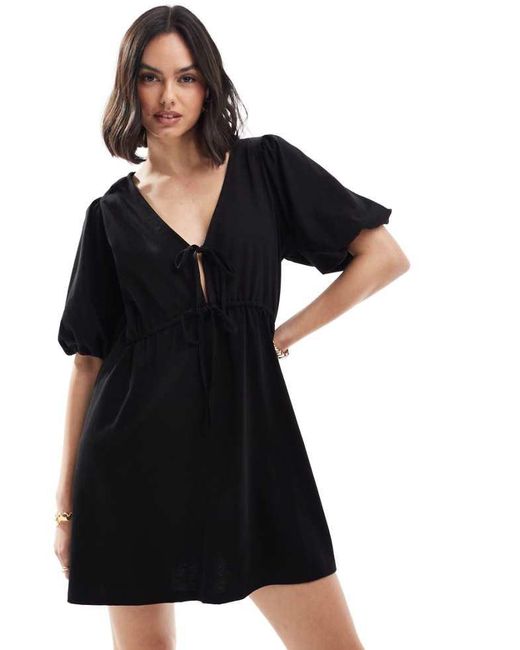 ASOS Black Puff Sleeve With Tie Up Bodice Mini Dress