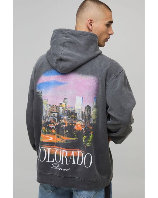 BoohooMAN Gray Oversized Colorado Washed Location Print Hoodie Cotton for men