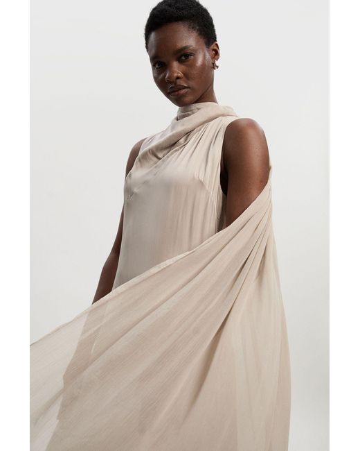 Karen Millen Natural Satin Drape Georgette Cape Detail Midi Dress