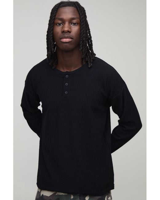 BoohooMAN Blue Regular Fit Henley Fine Knitted Long Sleeve T-Shirt for men
