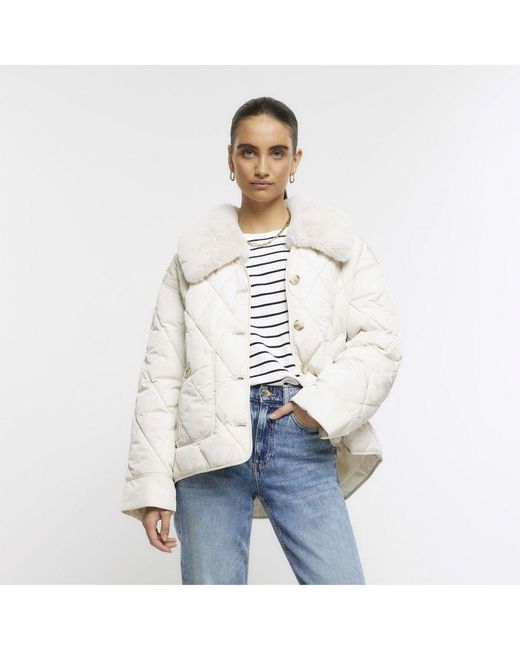 River Island White Padded Jacket Faux Fur Collar