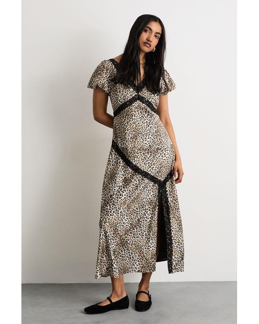 Warehouse Multicolor Polkadot Puff Sleeve Lace Trim Midi Dress With Split