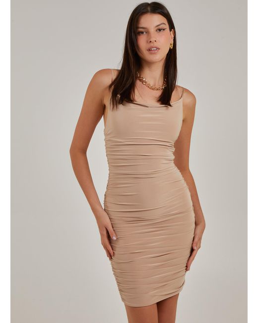 Pink Vanilla Natural Cowl Neck Ruched Slinky Mini Dress
