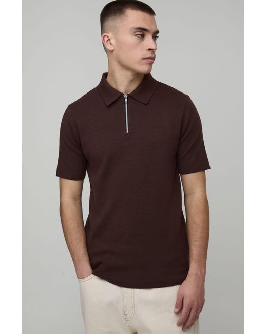 BoohooMAN Brown Muscle Fit Soft Touch 1/4 Zip Knitted Polo for men
