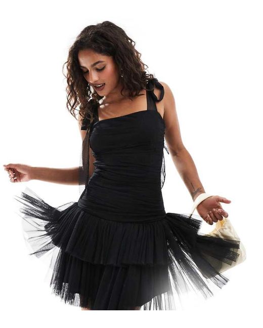 LACE & BEADS Petite Ruched Bow Shoulder Tulle Mini Dress in Black | Lyst UK